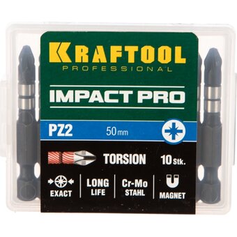  Биты KRAFTOOL 26193-2-50-S10 Impact Pro, Pozidriv, тип хвостовика E 1/4", PZ2, 50мм, 10шт 