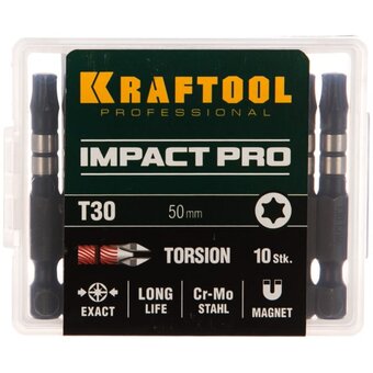  Биты KRAFTOOL 26195-30-50-S10 Impact Pro, TORX, тип хвостовика E 1/4", TX30, 50мм, 10шт, в пластиковом боксе 