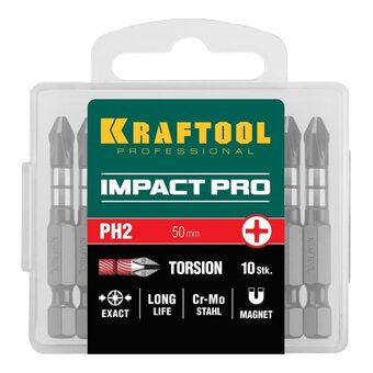  Биты KRAFTOOL 26191-2-50-S10 Impact Pro, Philips, тип хвостовика E 1/4", PH2, 50мм, 10шт, в пластиковом боксе 