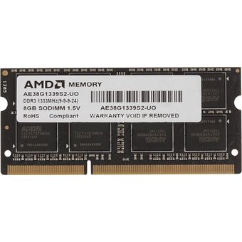  ОЗУ AMD 8GB Radeon DDR3 1333 SO DIMM R338G1339S2S-UO Non-ECC, CL9, 1.5V, Black, Bulk 