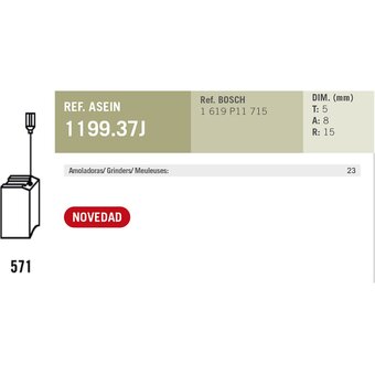  Комплект графитовых щеток 2 шт. Asein Bosch Oem 1619P11715/AS (1199.37J) 