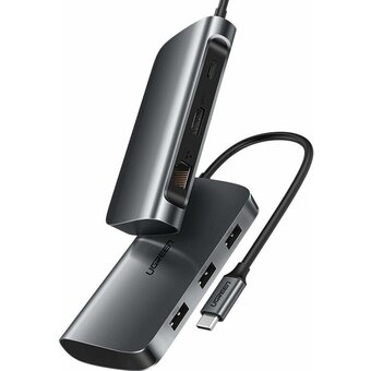  USB Hub UGREEN CM212 50852 Type-C to 2xUSB 3.0+HDMI 4K 30Hz+RJ45 gigabit+SD/MicroSD+PD 100W Space Gray 