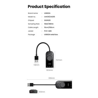  Звуковая карта Ugreen CM129 (40964) USB External Stereo Sound Adapter 15cm black 