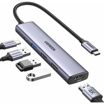  Конвертер UGREEN CM478 15495 USB-C To HDMI+1xUSB3.0 A+2xUSB2.0 A+PD Power Converter Silver 