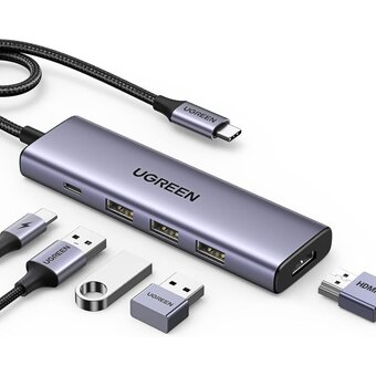  Конвертер UGREEN CM511 15597 USB-C To HDMI+3*USB 3.0 A+PD Power Converter Gray 