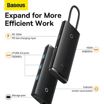  USB Hub Baseus Lite (WKQX040001) 5-Port Type-C HUB Docking Station (Type-C to HDMI+USB3.0*3+PD) Black 