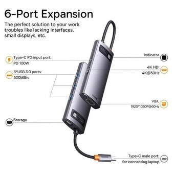  USB Hub Baseus Metal Gleam (WKWG030013) 6-in-1 Multifunctional Type-C HUB Docking Station Gray (Type-C to HDMI*1+USB3.0*3+PD*1+VGA*1) 