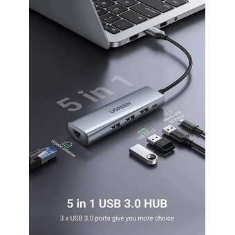  USB Hub UGREEN CM266 60812 USB3.0 to 3xUSB3.0+RJ45 Multifunction Adapter gray 