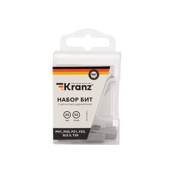  Набор бит KRANZ KR-92-0433 25мм PH1, PH2, PZ1, PZ2, SL5.5, T30 с магнитным держателем (7шт/уп) 