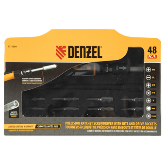  Отвертка Denzel 7711599 с набором бит и торцевых головок для точных работ, гибкий привод, 48штук 