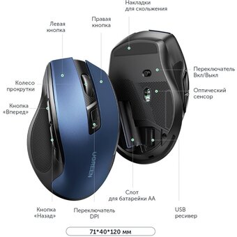  Мышь UGREEN Ergonomic Wireless Mouse MU006 (15064) Blue 