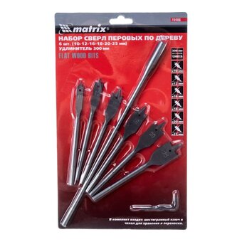  Набор сверл по дереву MATRIX 70406 перовых 10-12-16-18-20-25 мм, 6 шт., удлинитель 300 мм 6-гран. хвост. 