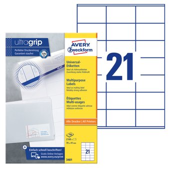  Этикетки Avery Zweckform 3481 A4 70x41мм 21шт на листе/70г/м2/100л./белый матовое самоклей. универсальная 