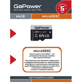  Карта памяти GoPower 00-00025677 microSD 64GB Class10 70 МБ/сек V30 без адаптера 