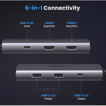  Конвертер UGREEN CM498 (15852) USB-C to2*USB-A 3.0+USB-C 3.0+2*HDMI+PD port Converter Gray 