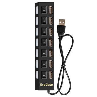  USB-Хаб концентратор ExeGate DUB-72SW EX293978RUS кабель-адаптер USB2.0 -- 7xUSB2.0 кнопки включения/отключения для каждого порта Plug&Play черный 