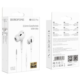  Наушники Borofone BM30 Max Acoustic wire control earphones for iP with mic, white 