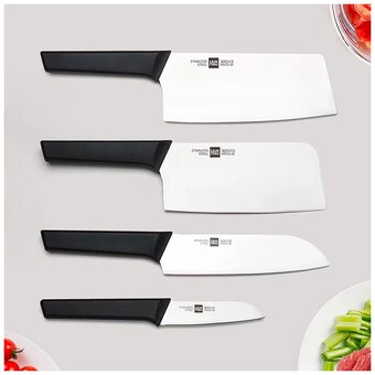  Набор стальных ножей HuoHou HU0058 Black RUS 4 ножа+ножницы+деревянная подставка из сосны черный 