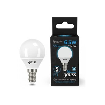  Лампа светодиодная Gauss 105101307 6.5Вт E14 шар 220B 6500K св.свечения белый холодный уп/10шт 