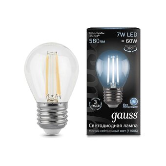  Лампа светодиодная Gauss Filament 105802207-S 7Вт E27 шар 220B 4100K св.свечения белый нейтральный уп/1шт 