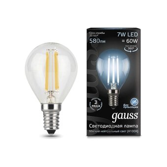  Лампа светодиодная Gauss Filament 105801207-S 7Вт E14 шар 220B 4100K св.свечения белый нейтральный уп/1шт 