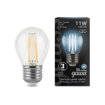  Лампа светодиодная Gauss Filament 105802211 11Вт E27 шар 220B 4100K св.свечения белый нейтральный уп/1шт 