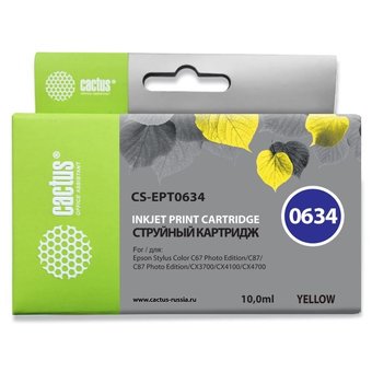  Картридж струйный Cactus CS-EPT0634 желтый для Epson Stylus C67 Series/ C87 Series/ CX3700 (10ml) 