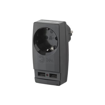  Адаптер ЭРА SP-1e-USB-B Б0026333 Polynom 1гн 220V + 2xUSB 2100mA, c заземлением, черный 