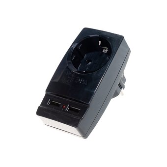  Адаптер ЭРА SP-1e-USB-B Б0026333 Polynom 1гн 220V + 2xUSB 2100mA, c заземлением, черный 