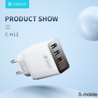  СЗУ Celebrat C-H12 EU 3USB Quick Charger, белый 