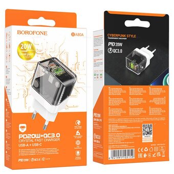  СЗУ BOROFONE BA80A Scenery PD20W+QC3.0 charger (EU) (прозрачно черный) 