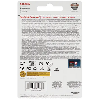  Карта памяти microSDXC SanDisk EXTREME SDSQXAA-128G-GN6MA 128GB Class 10, UHS-I, W90, R 190 МБ/с, адаптер на SD 