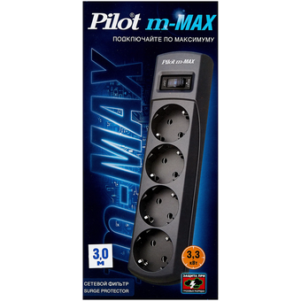  Сетевой фильтр ZIS Pilot m Max 4 розетки (евро с заземлением), 15А/3.3кВа, автомат, 5м, черный 