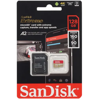  Карта памяти microSDXC SanDisk EXTREME SDSQXAA-128G-GN6MA 128GB Class 10, UHS-I, W90, R 190 МБ/с, адаптер на SD 