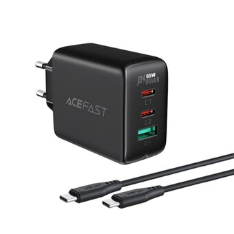  СЗУ Acefast A13 AF-A13-BK PD65W USB-C+USB-C+USB-A 3-port charger set EU Black 