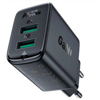  СЗУ ACEFAST A33 AF-A33-BK QC18W USB-A+USB-A dual port charger EU Black 