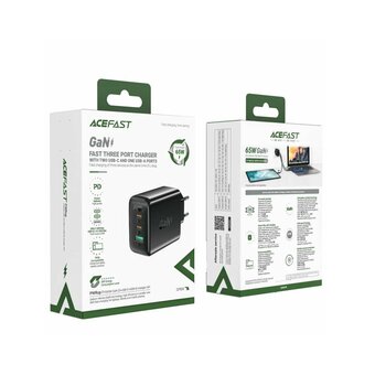  СЗУ ACEFAST A41 AF-A41-BK PD65W GaN (2*USB-C+USB-A) charger EU Black 