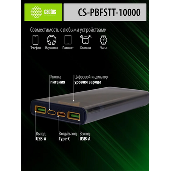  Power bank Cactus CS-PBFSTT-10000 10000mAh 4.5A 2xUSB черный 