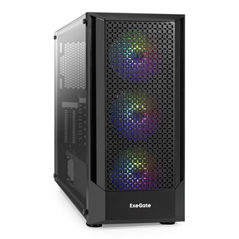  Корпус ExeGate EVO-8227 EX295765RUS Miditower (ATX, без БП, 2*USB+1*USB3.0+HD Audio, черный, 3 вент. с RGB подсветкой, бок. панель - зак. стекло) 