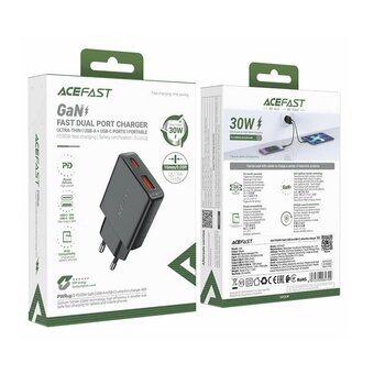  СЗУ ACEFAST A69 PD30W GaN (USB-A+USB-C) ultra-thin - Black 
