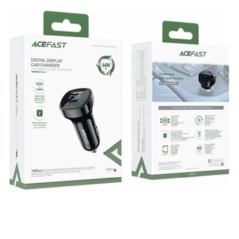  АЗУ ACEFAST B4 AF-B4-BK digital display 66W USB-C+USB-A dual port car charger Black 