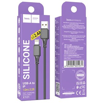  Дата-кабель HOCO X101 Assistant silicone charging Lightning, 1м (черный) 