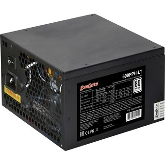  Блок питания ExeGate 600PPH-LT EX282044RUS 600W, RTL, 80+, ATX, black, APFC, 12cm, 24p, (4+4)p, 5*SATA, 3*IDE 
