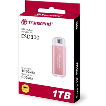  SSD Transcend ESD300 (TS1TESD300P) 1.0Tb (USB3.2 gen 2, Type C, 1050/950Mbs, 3D Nand, 60x20x7.8mm, 9g) розовый 