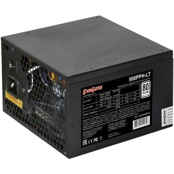  Блок питания ExeGate 500PPH-LT-S EX282040RUS-S 500W, RTL, 80+, ATX, black, APFC, 12cm, 24p, (4+4)p, 5*SATA, 3*IDE 