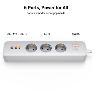  Сетевой фильтр UGREEN CD286 (25357) 30W 3 AC Power Strip with Master Switch (2A1C) EU White 