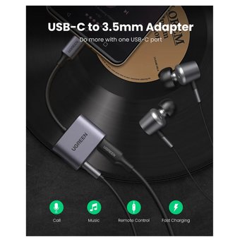  Адаптер UGreen CM231 (60164) USB-C to 3.5mm Audio Adapter with PD серый 
