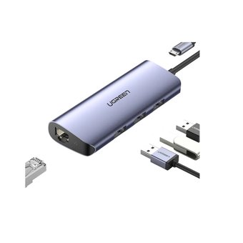  Адаптер UGreen CM252 (60718) USB-C to 3 x USB 3.0+RJ45+Micro USB Multifunction Adapter серый 