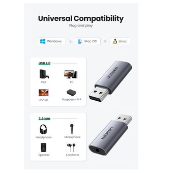  Аудио адаптер UGreen CM383 (80864) USB 2.0 to 3.5mm Audio Adapter серый 