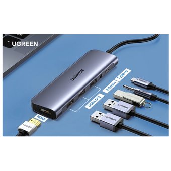  Адаптер UGreen CM136 (80132) USB C to 3×USB 3.0+HDMI+3.5mm (2-in-1)+PD Adapter серый 